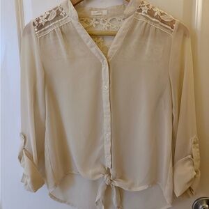 Cream Button-Up Blouse with Lace